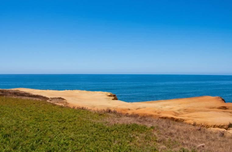 Indicator surf break in Sunset Cliffs, San Diego — the sandstone shelf and the iceplant apron below it.