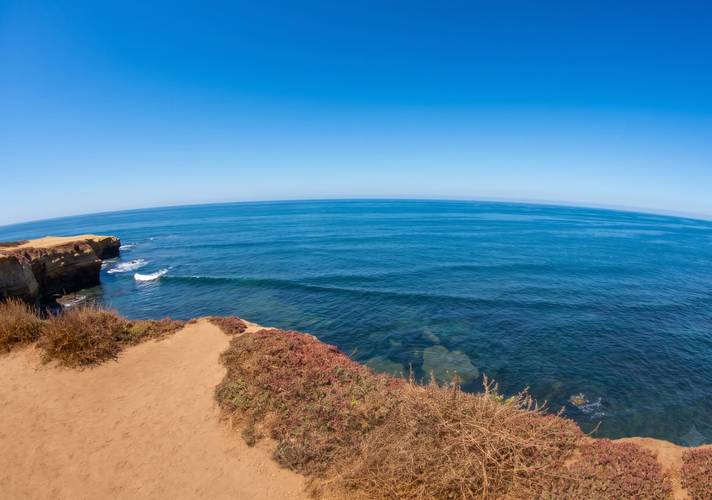 No Surf break in Sunset Cliffs, San Diego — whitewater off the point at the far left of a flat, glassy stretch.