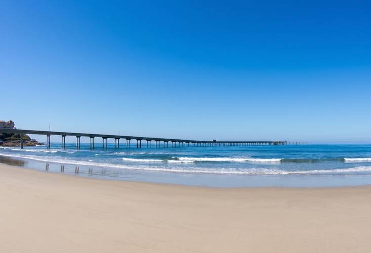 Ocean Beach Pier surf break in Ocean Beach, San Diego — waves breaking through the dense pier pilings.