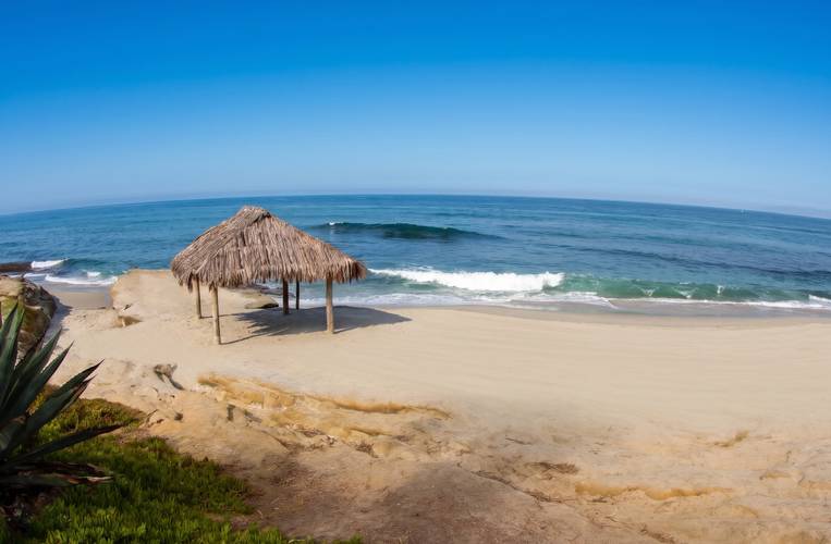 Windansea surf break in La Jolla, San Diego — the palm-thatched surf shack on the sand with sets breaking beyond it.